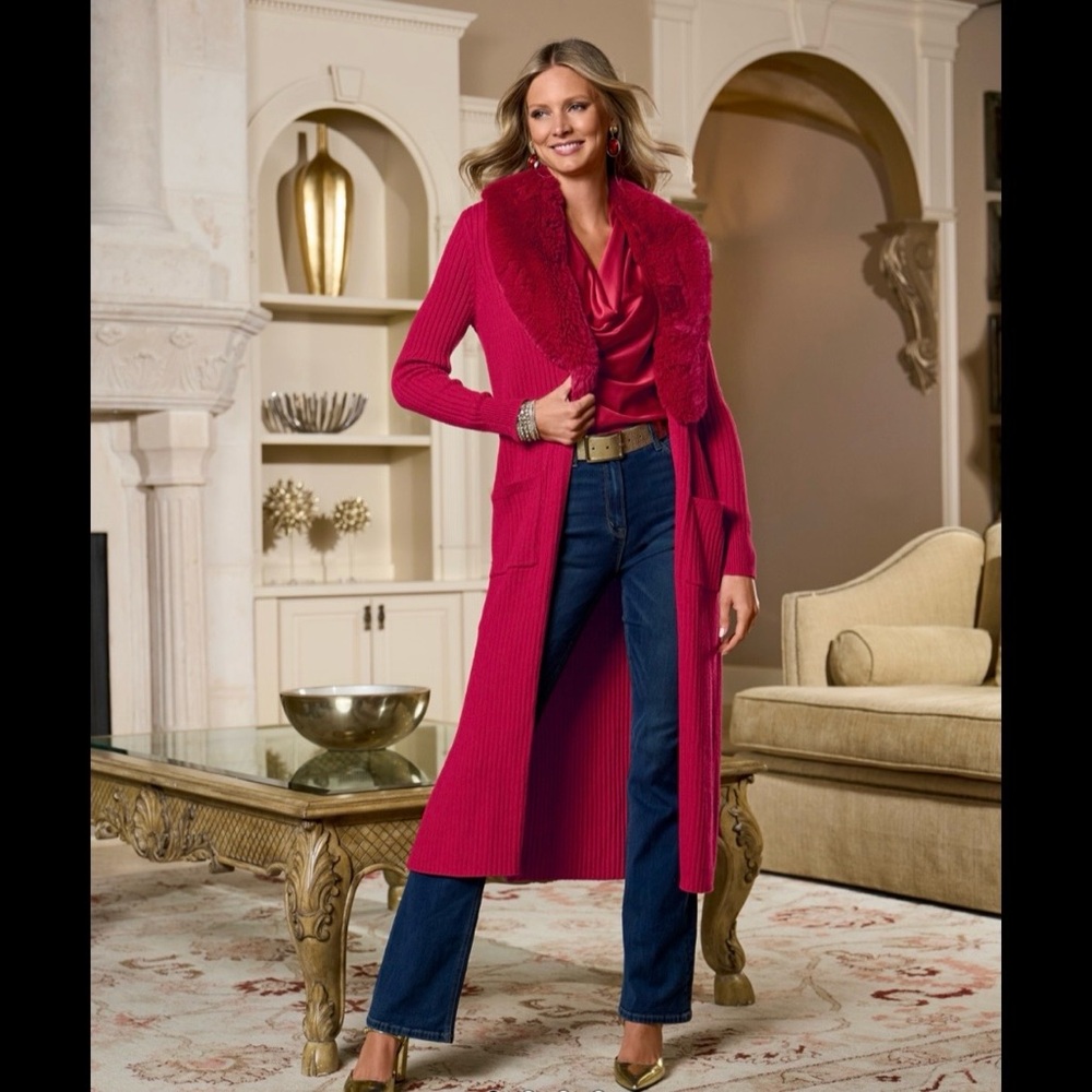 New Boston Proper Gorgeous Red Faux Fur Collar Ribbed Long Cardigan
